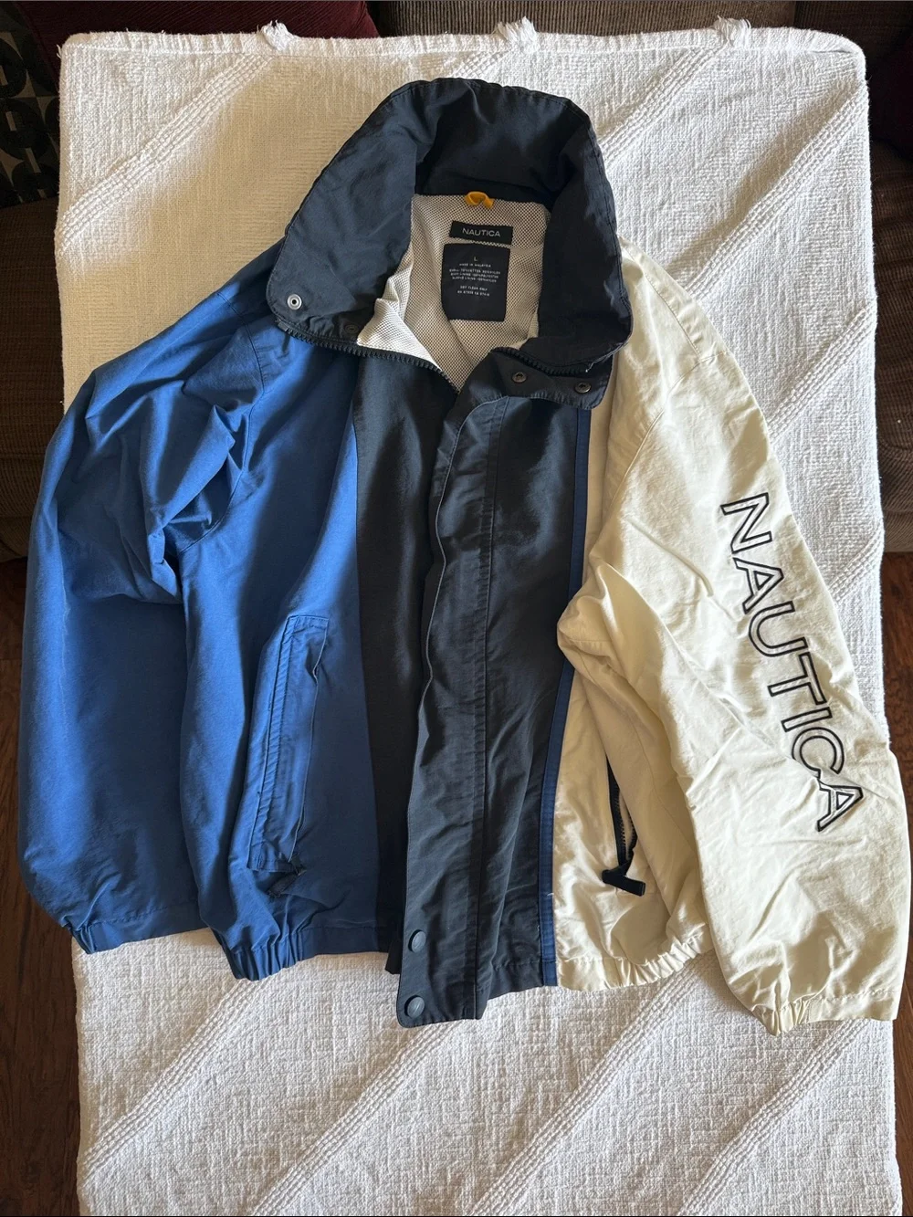 Nautica Blue Navy Cream Colorblock Windbreaker Jacket with Sleeve Logo